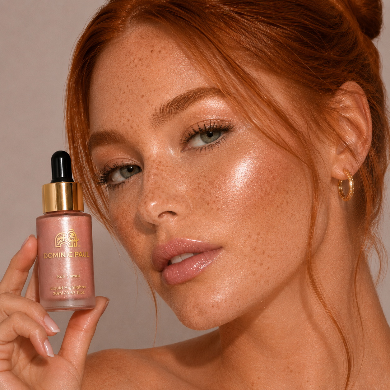 Red haired model wearing Dominic Paul Liquid Highlighter  Koh Samui