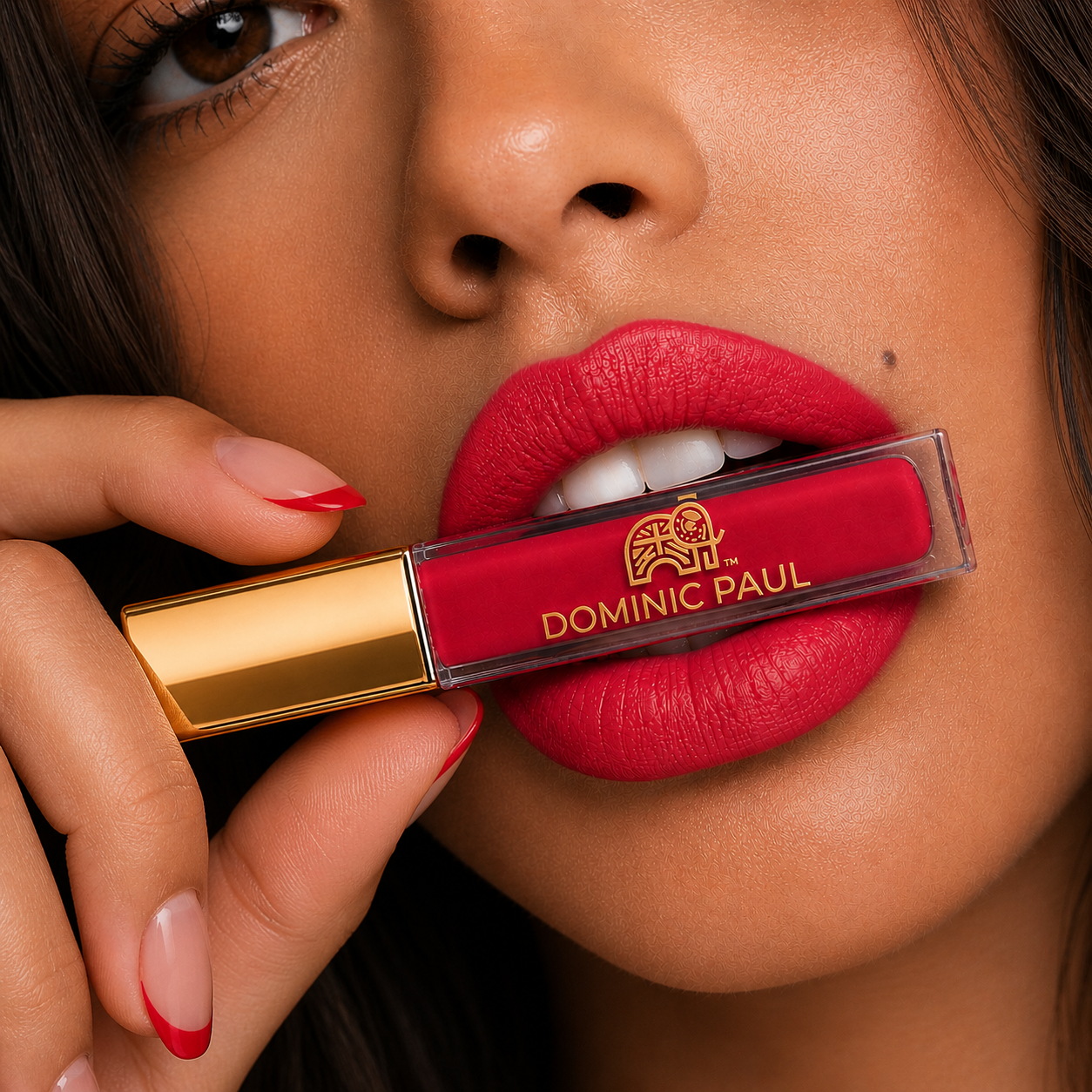 Model wearing Dominic Paul Matte Liquid Lipstick Red Chilli