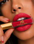Model wearing Dominic Paul Matte Liquid Lipstick Red Chilli
