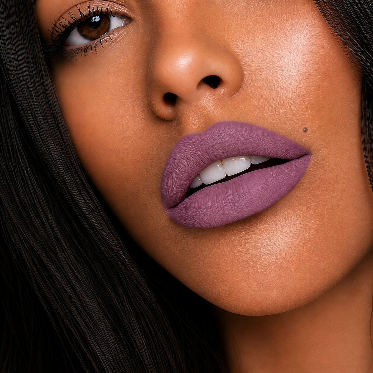 Model wearing Dominic Paul Matte Liquid Lipstick Sawadee