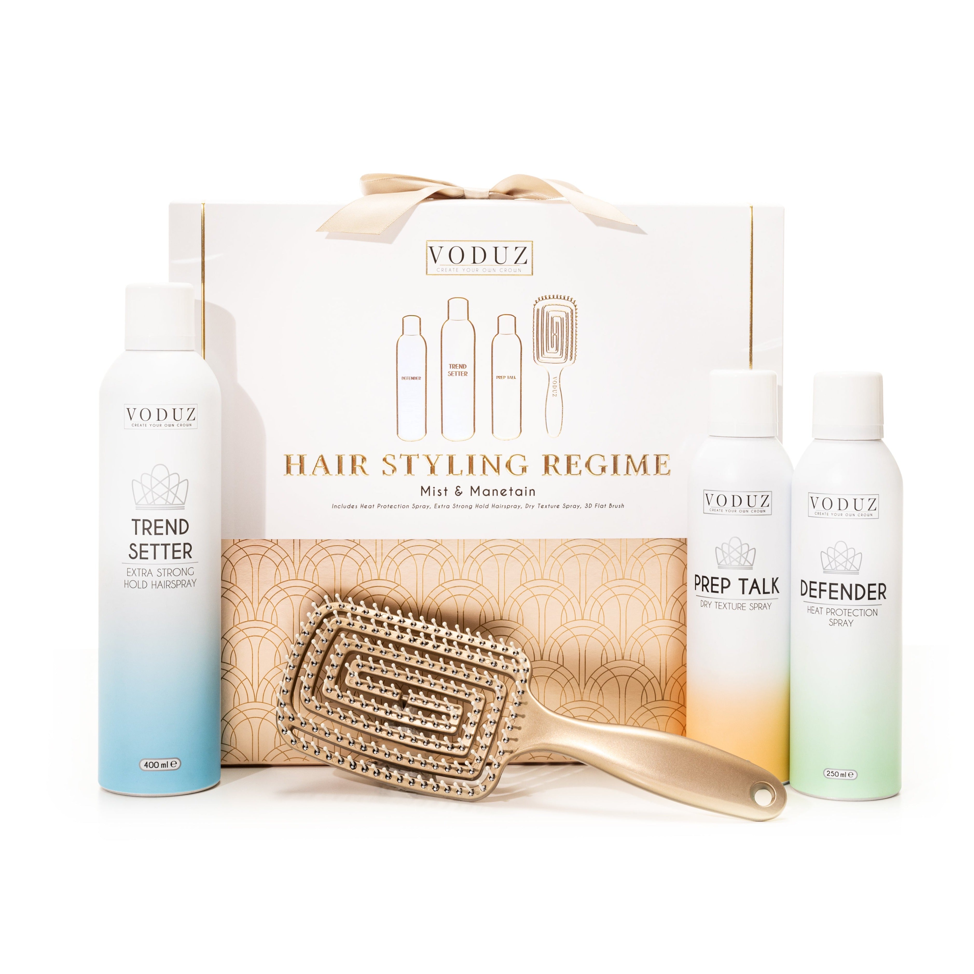 Voduz Mist &amp; Manetane - Hair Styling Regime, open with products displayed