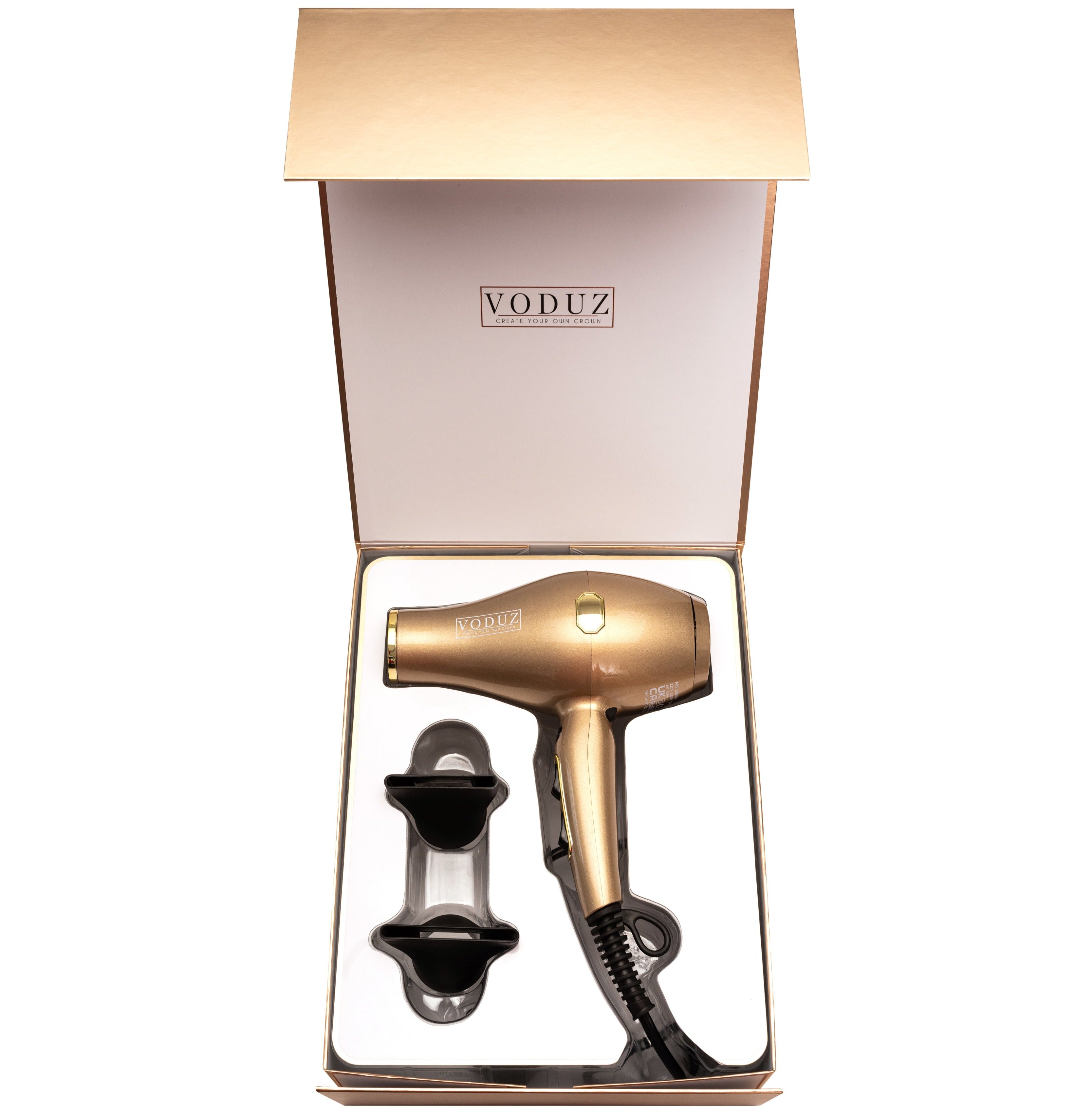 Voduz Blow Out Infrared Hair Dryer - Limited Edition Gold, box open - displaying hairdryer