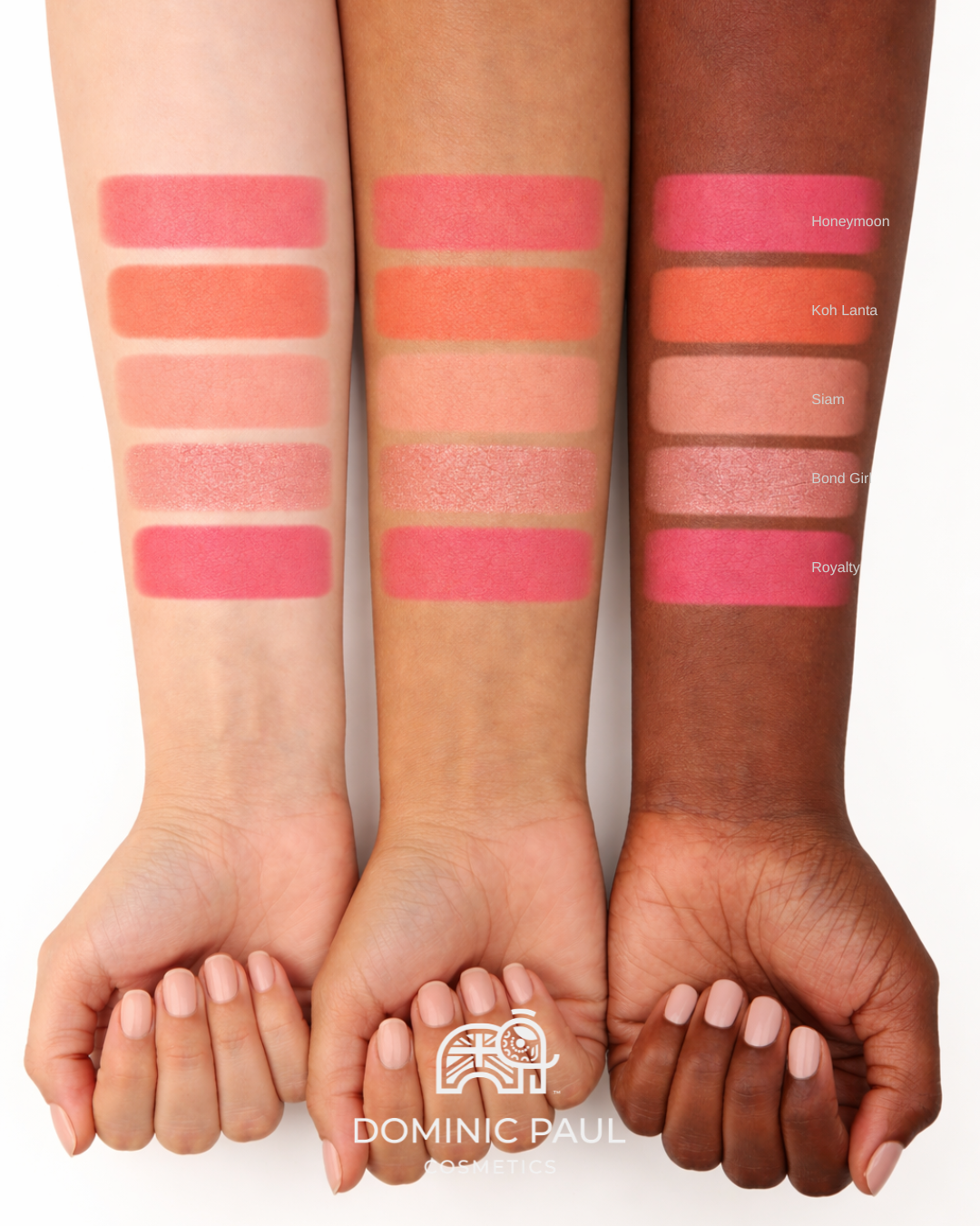 Colour swatches on model's arms of Dominic Paul Powder Blush