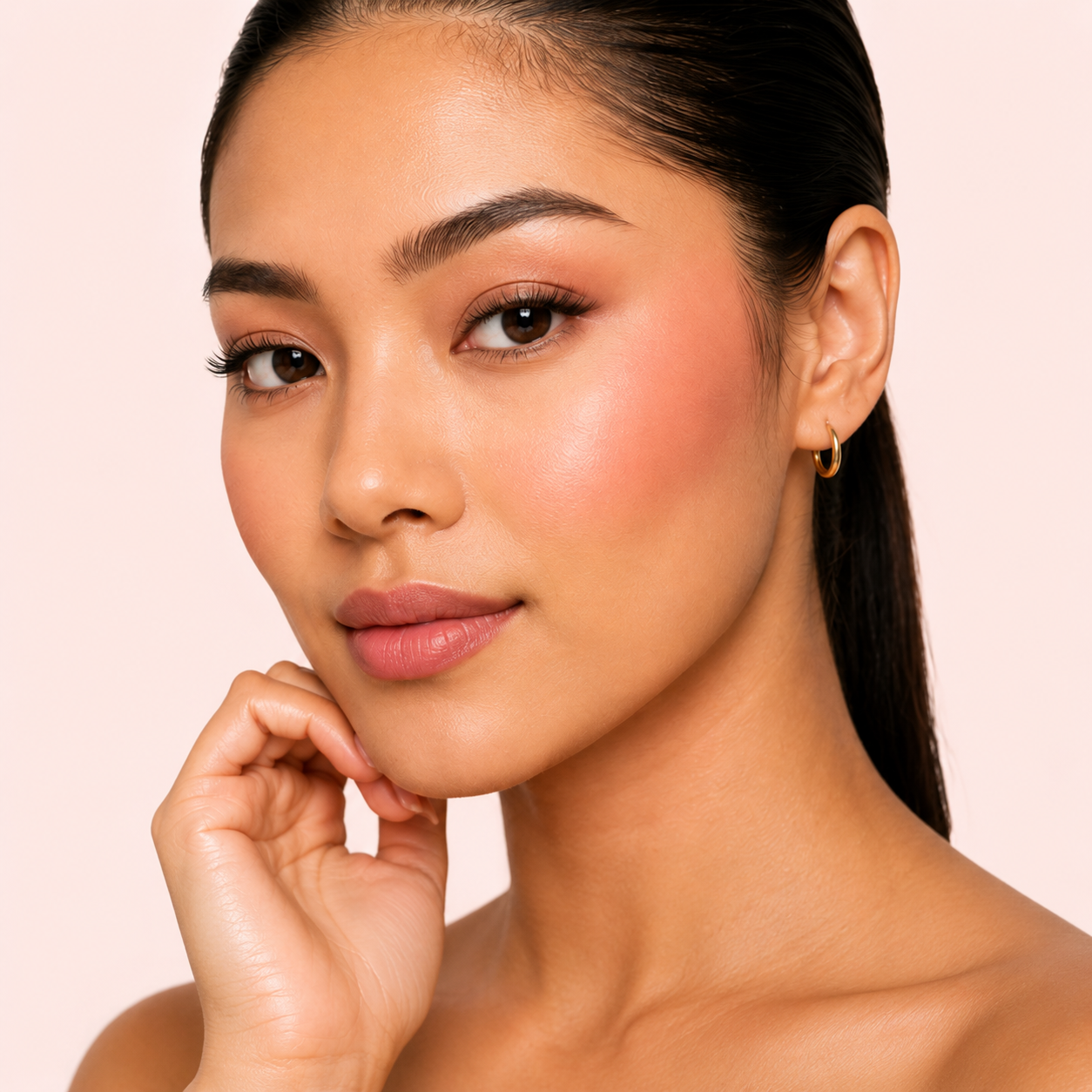 dark haired Model wearing Dominic Paul Powder Blush