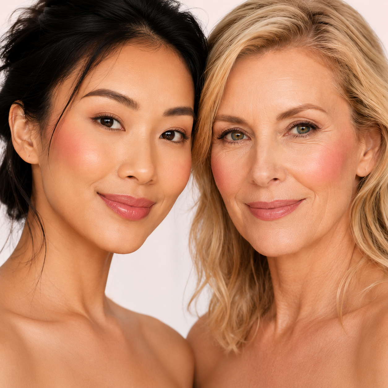 Brunette and blonde model wearing Dominic Paul Powder Blush