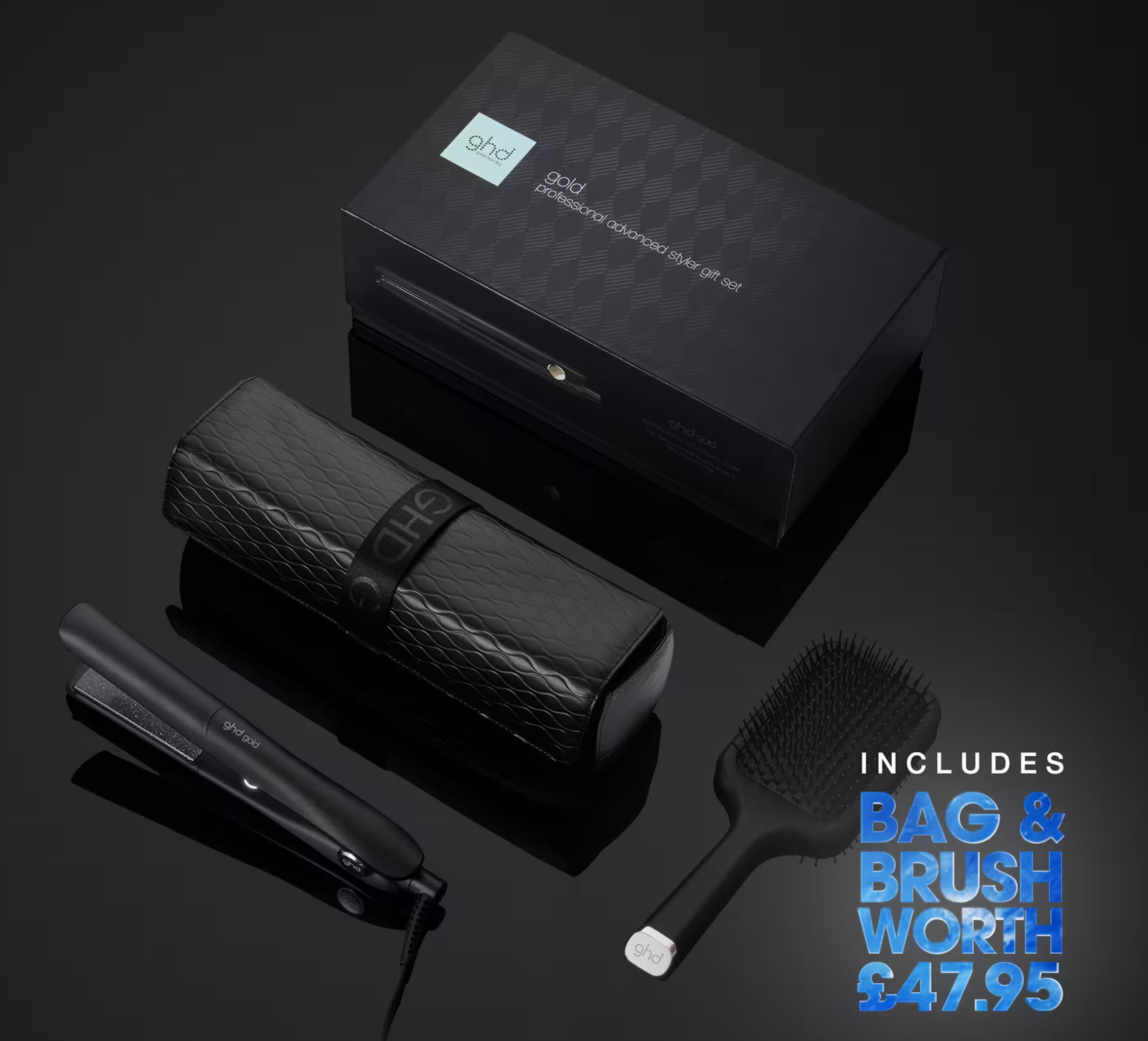 ghd Gold Hair Straightener Gift Set with free bag and brush worth £48