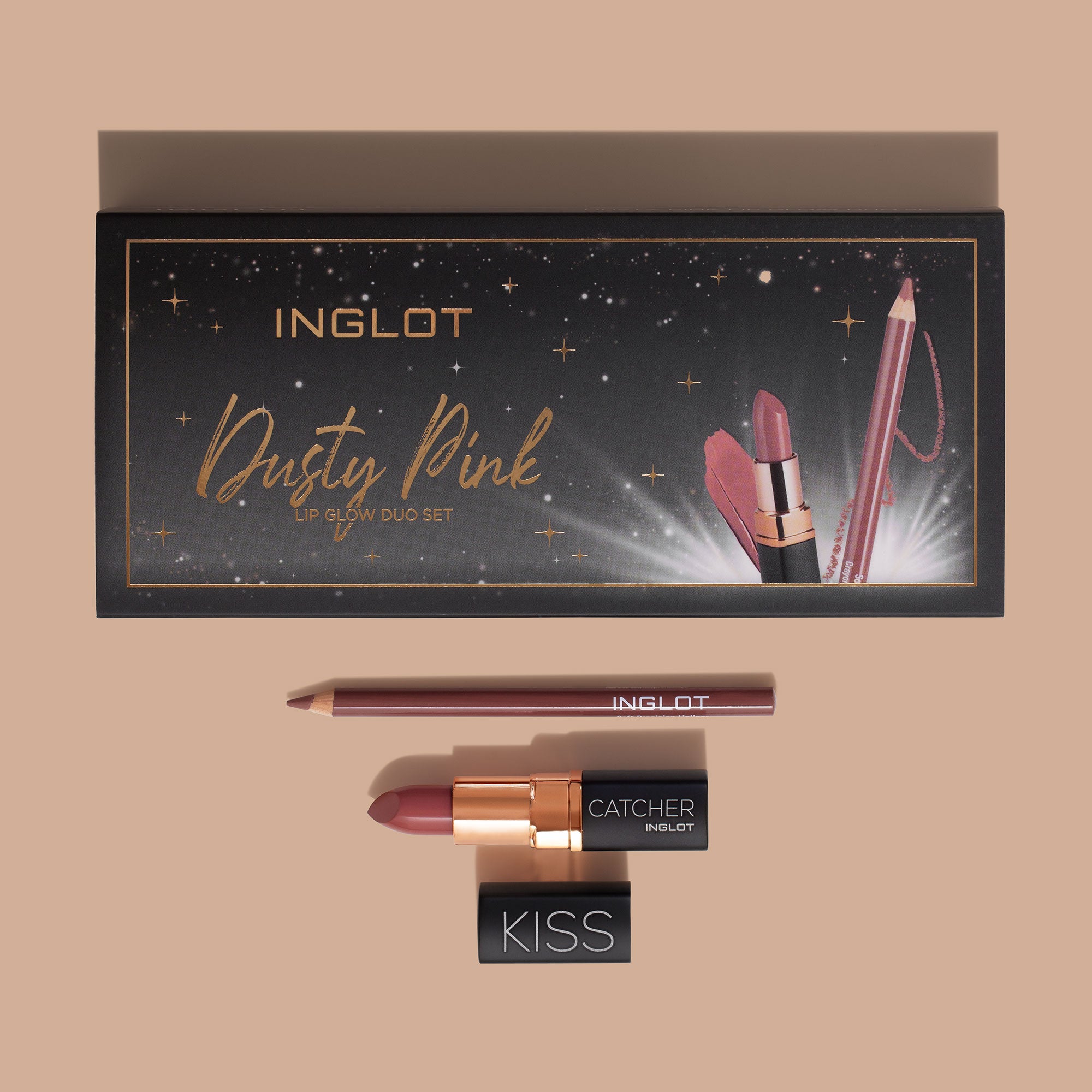 Inglot Dusty Pink Lip Glow Duo Gift Set, box open and product displayed