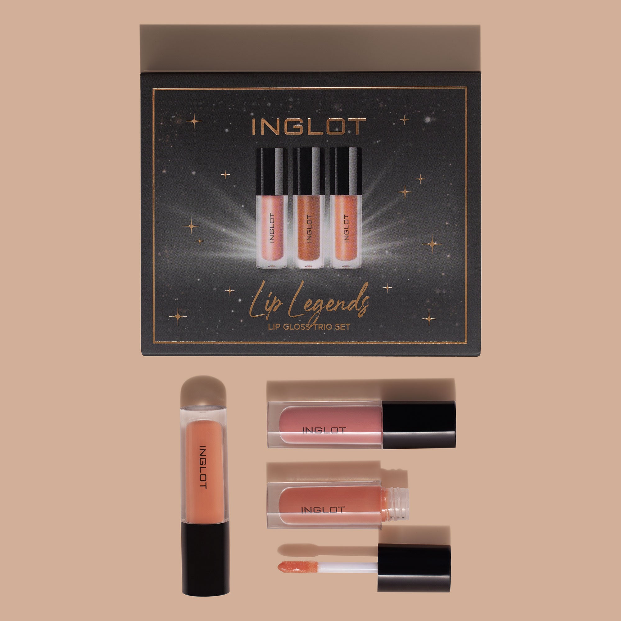 Inglot Lip Legends Mini Lip Gloss Trio Gift Set, with products open