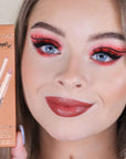 Soph wearing Makeup Revolution X Soph Lip Set - Toffee Drizzle