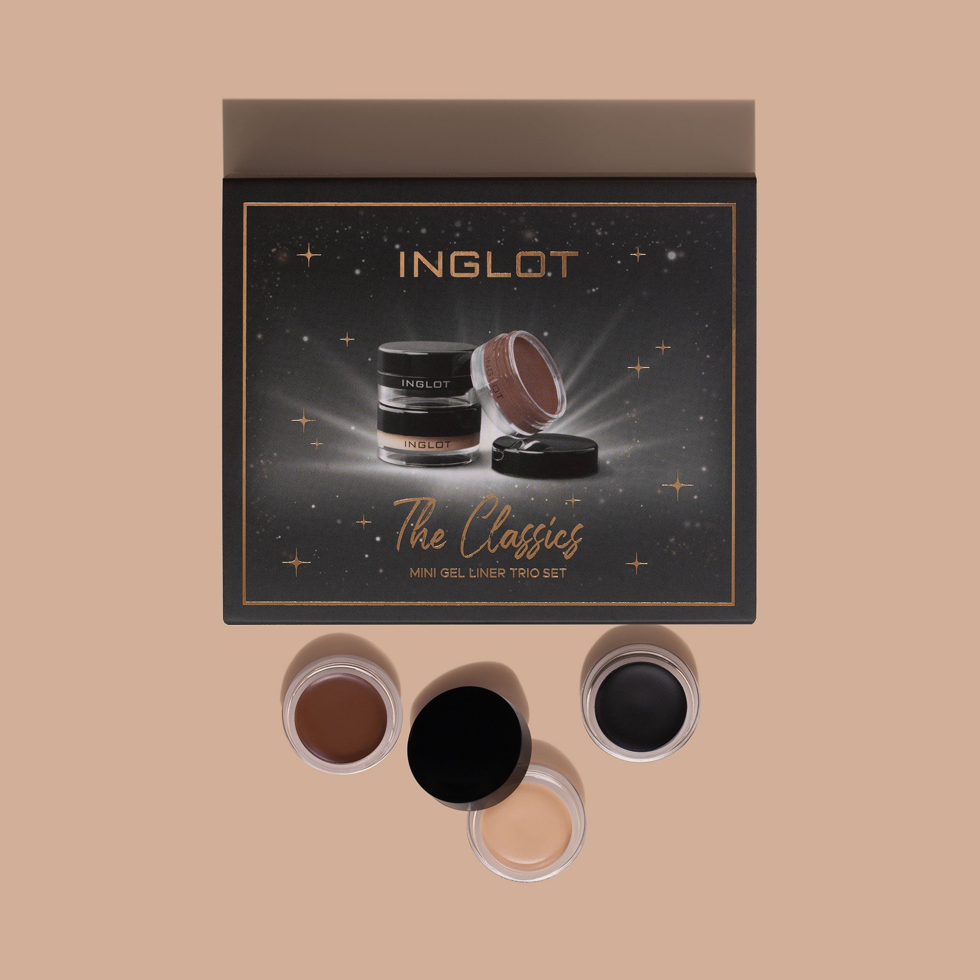 Inglot The Classics Mini Gel Liner Trio Gift Se, open with products dispalyed