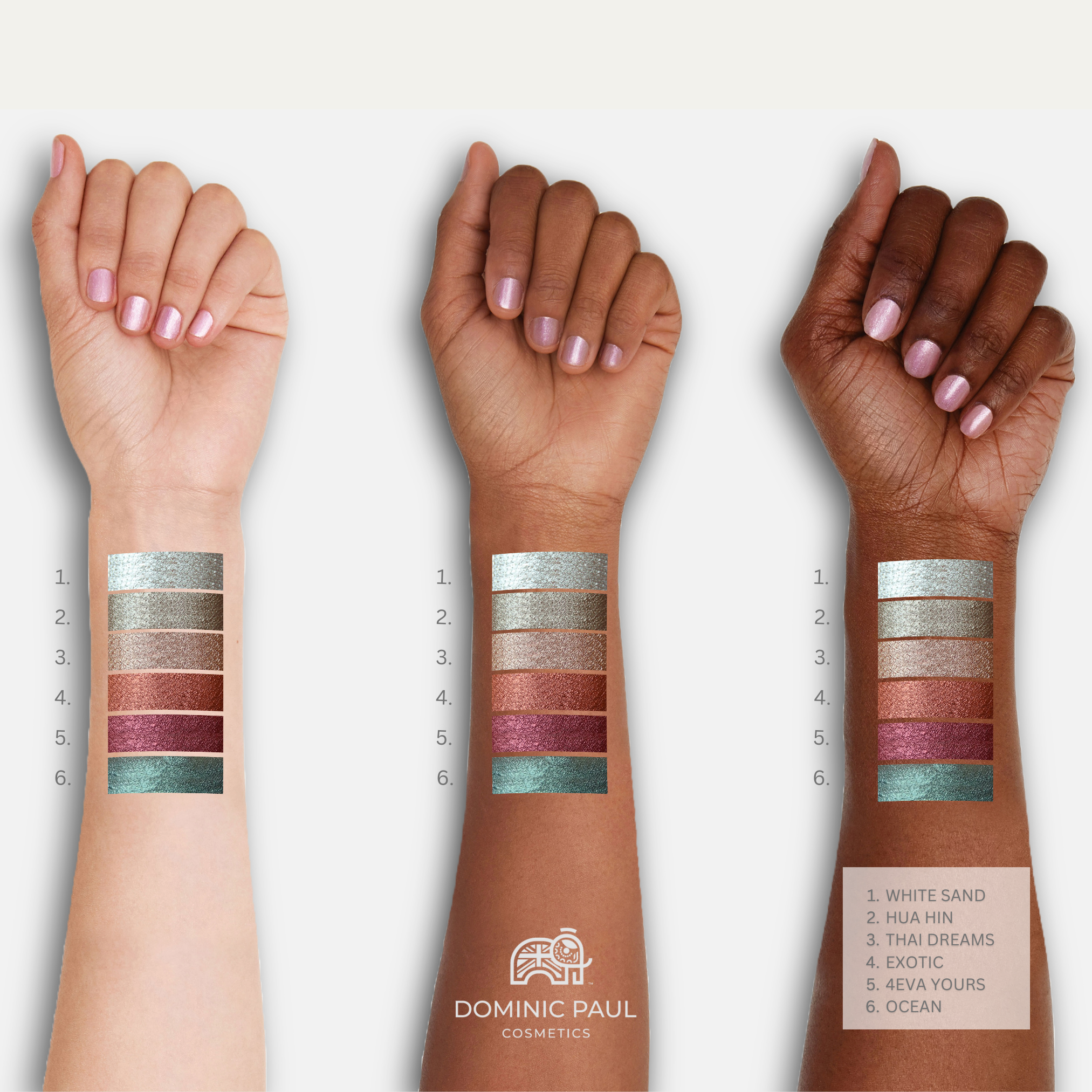 Dominic Paul Eyeshadow Paint, swatches on 3 different model's arms with different skin tones