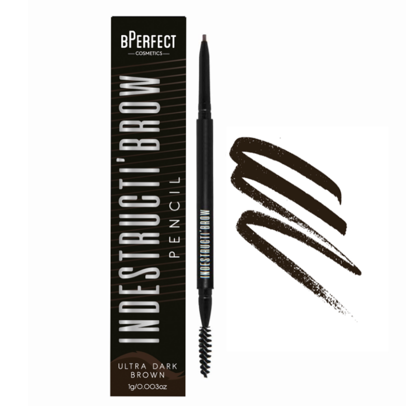 bPerfect INDESTRUCTI’BROW PENCIL Ultra Dark Brown packaging &amp; swatch
