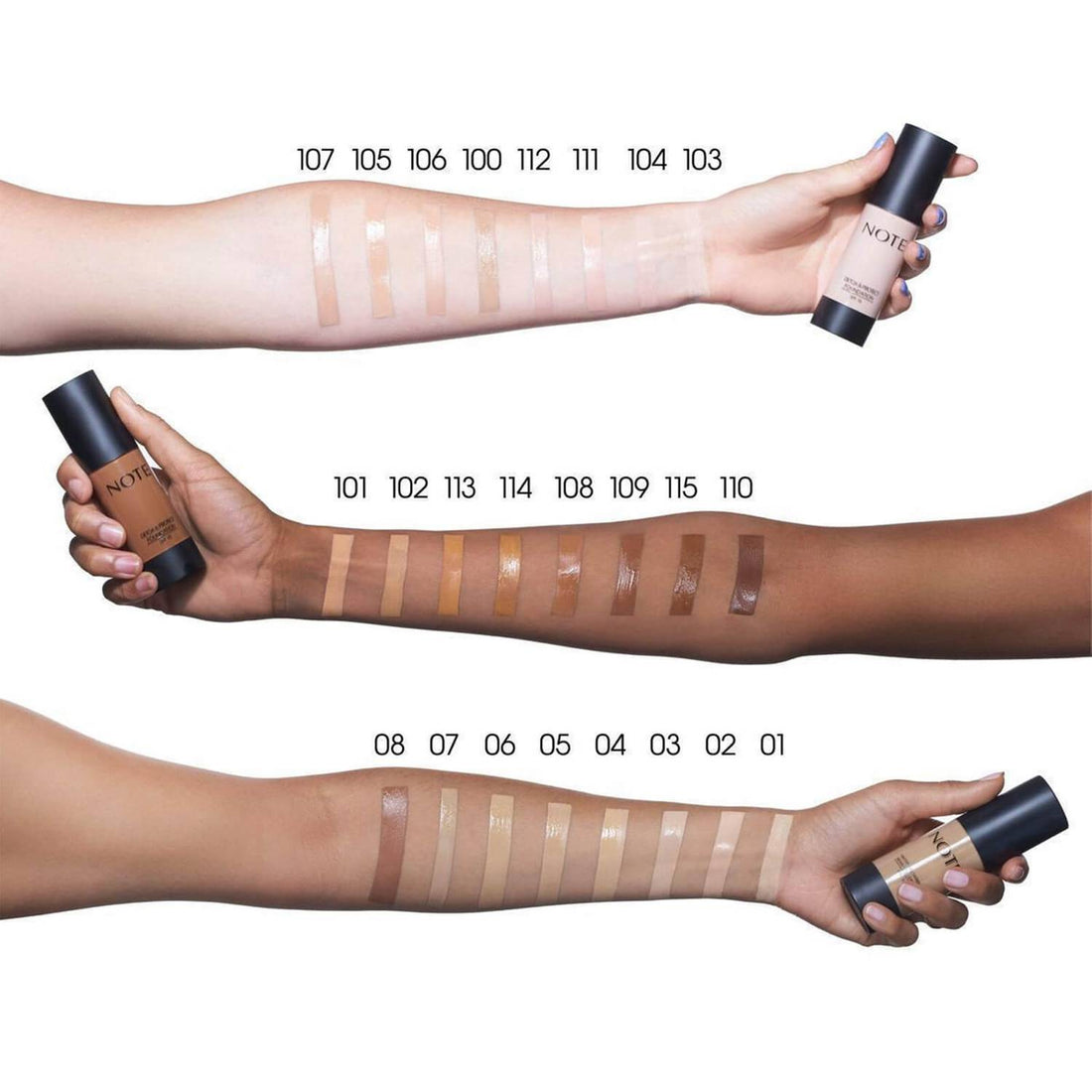Swatches of NOTE Detox & Protect Foundation on models' arms