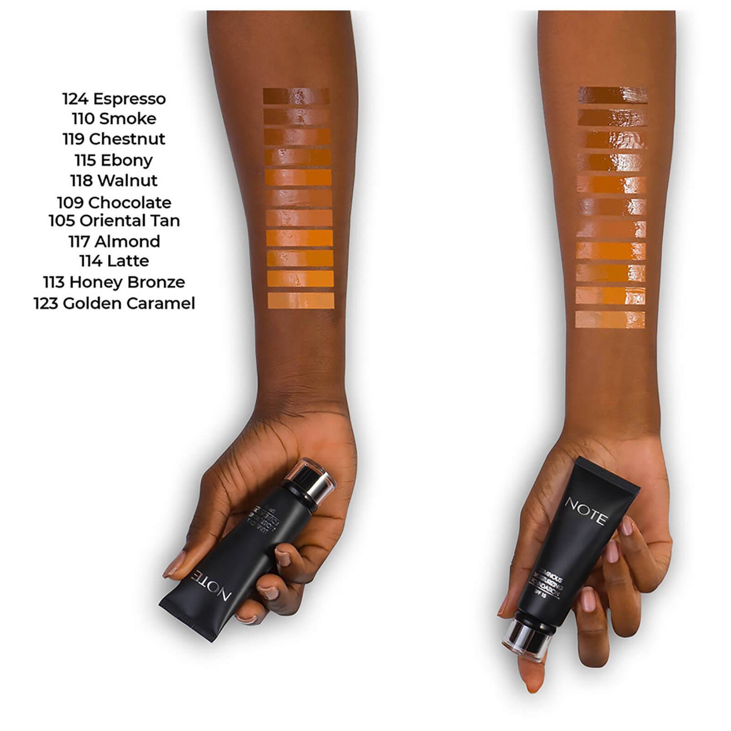 Dark tone swatches on model's arm, NOTE Luminous Moisturizing Foundation