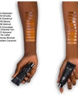 Dark tone swatches on model's arm, NOTE Luminous Moisturizing Foundation