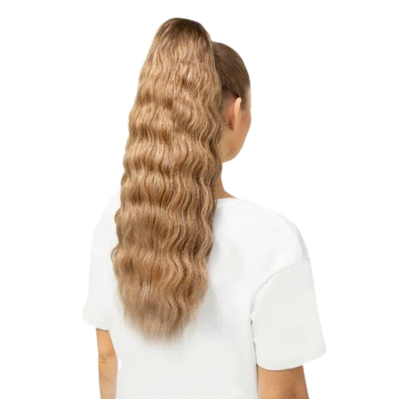 Model wearing Beauty Works 20" Invisi-Ponytail Beach Wave, back vi