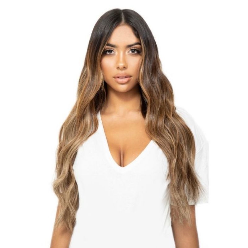 Model wearing Beauty Works 22" Double Hair Set Clip-In Extensions