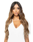 Model wearing Beauty Works 22" Double Hair Set Clip-In Extensions