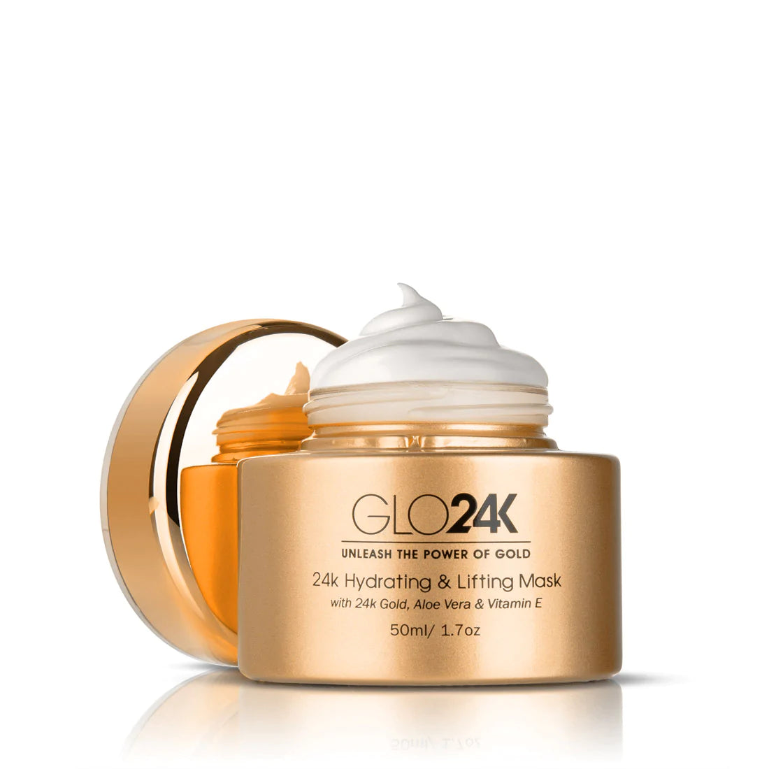 GLO24K 24k Hydrating & Lifting Mask with 24k Gold, Aloe Vera & Vitamin E, open jar