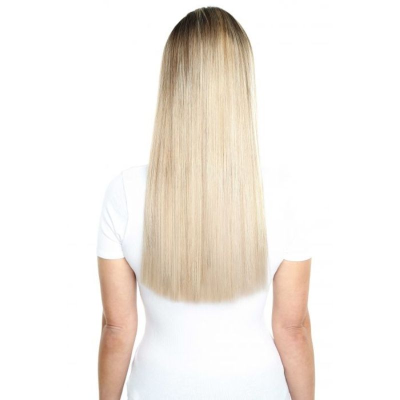 BEAUTY WORKS 18 " Deluxe Remy Instant Clip-In Extensions on model, back view