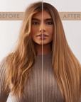 Model before and after using Beauty Works Speed Styler Hot Brush