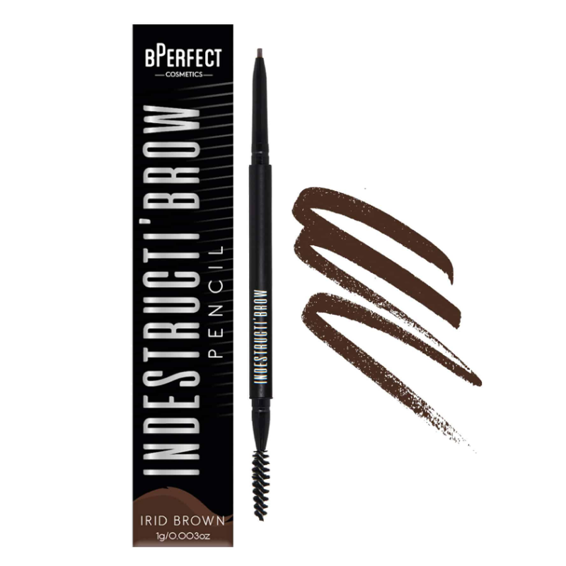 bPerfect INDESTRUCTI’BROW PENCIL Irid Brown packaging &amp; swatch