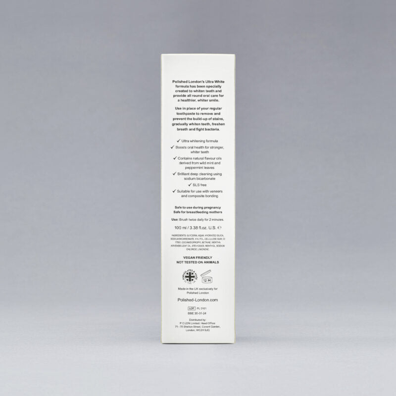 Back of packaging Polished ULTRA WHITE TOOTHPASTE X LMD