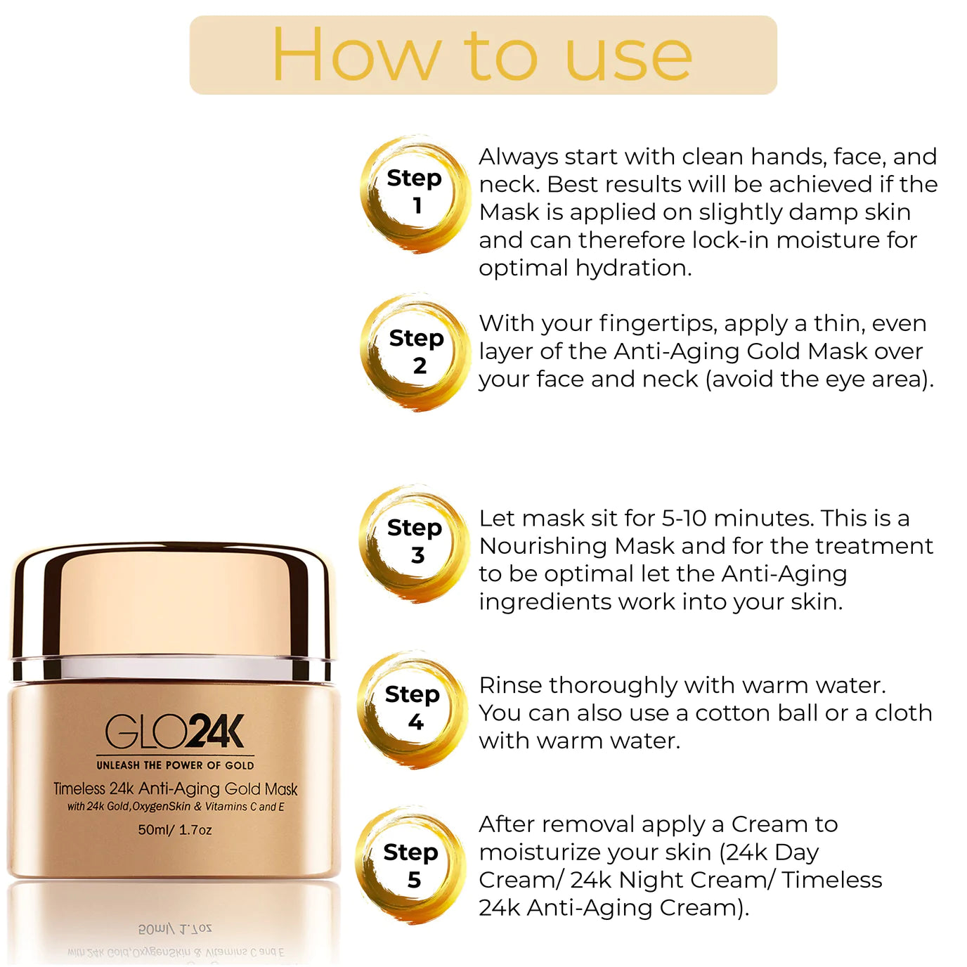 How to use GLO24K Timeless 24k Anti-Ageing Gold Mask