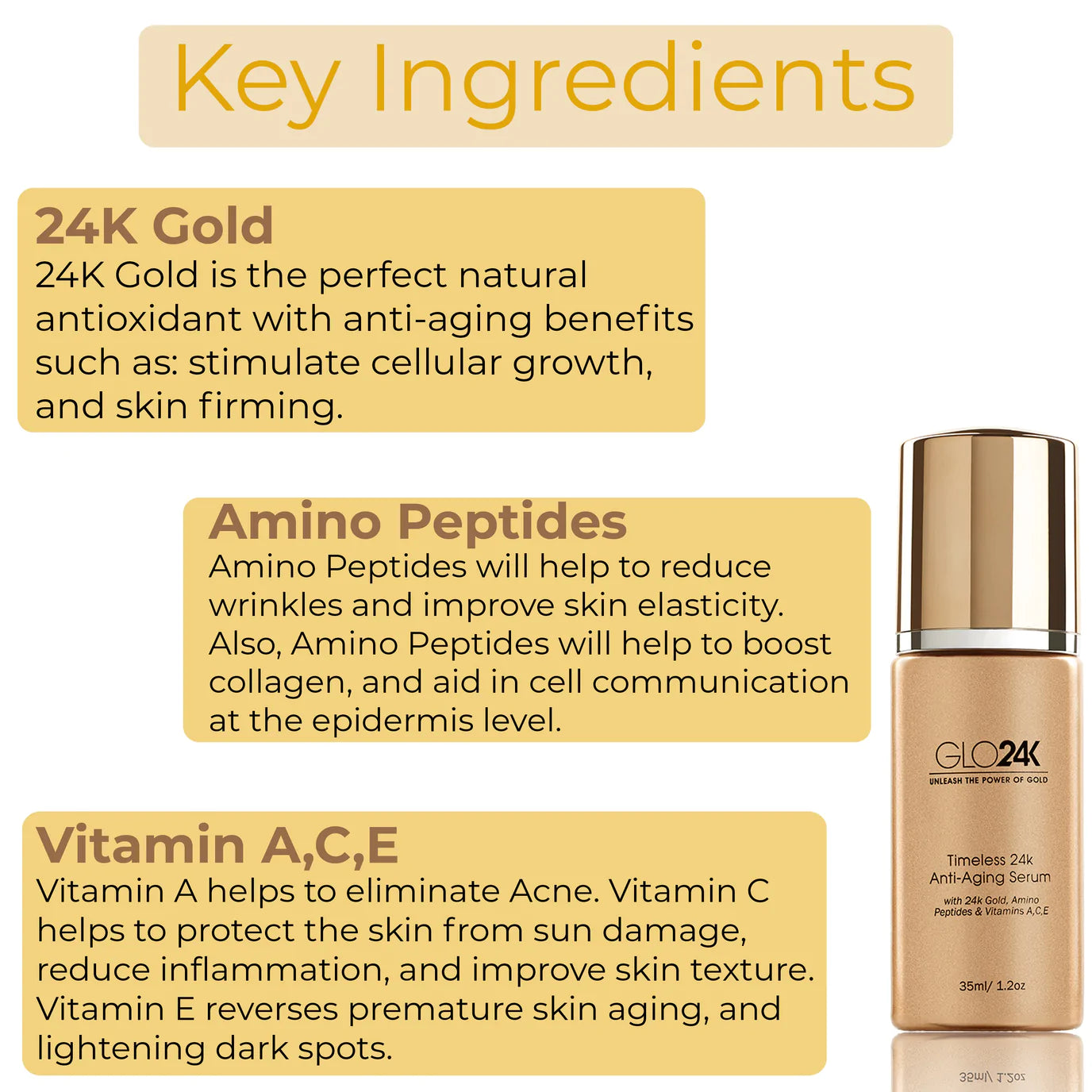 Key ingredients of GLO24K Timeless 24k Anti-Ageing Serum