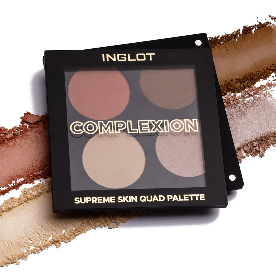 Inglot Complexion Supreme Skin Quad Palette, open palette with swatches