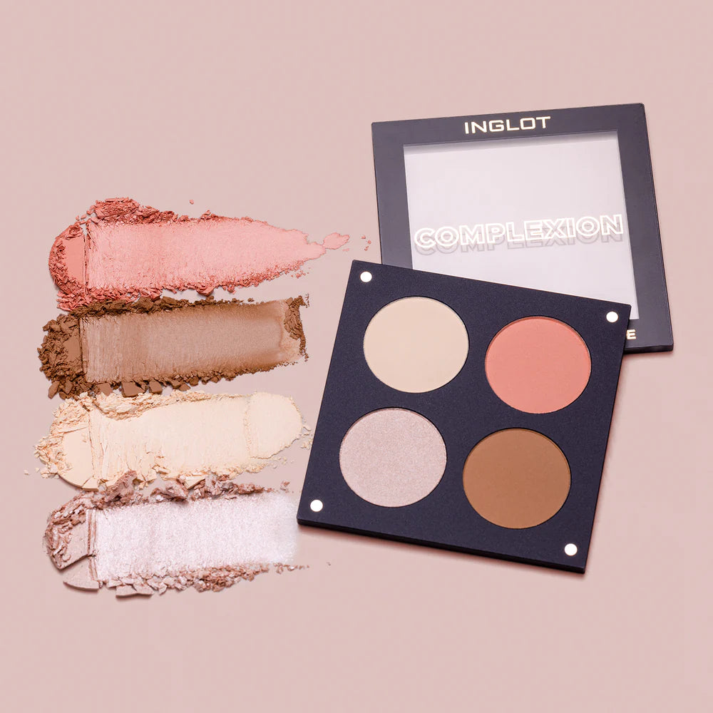 Inglot Complexion Supreme Skin Quad Palette, open with swatches