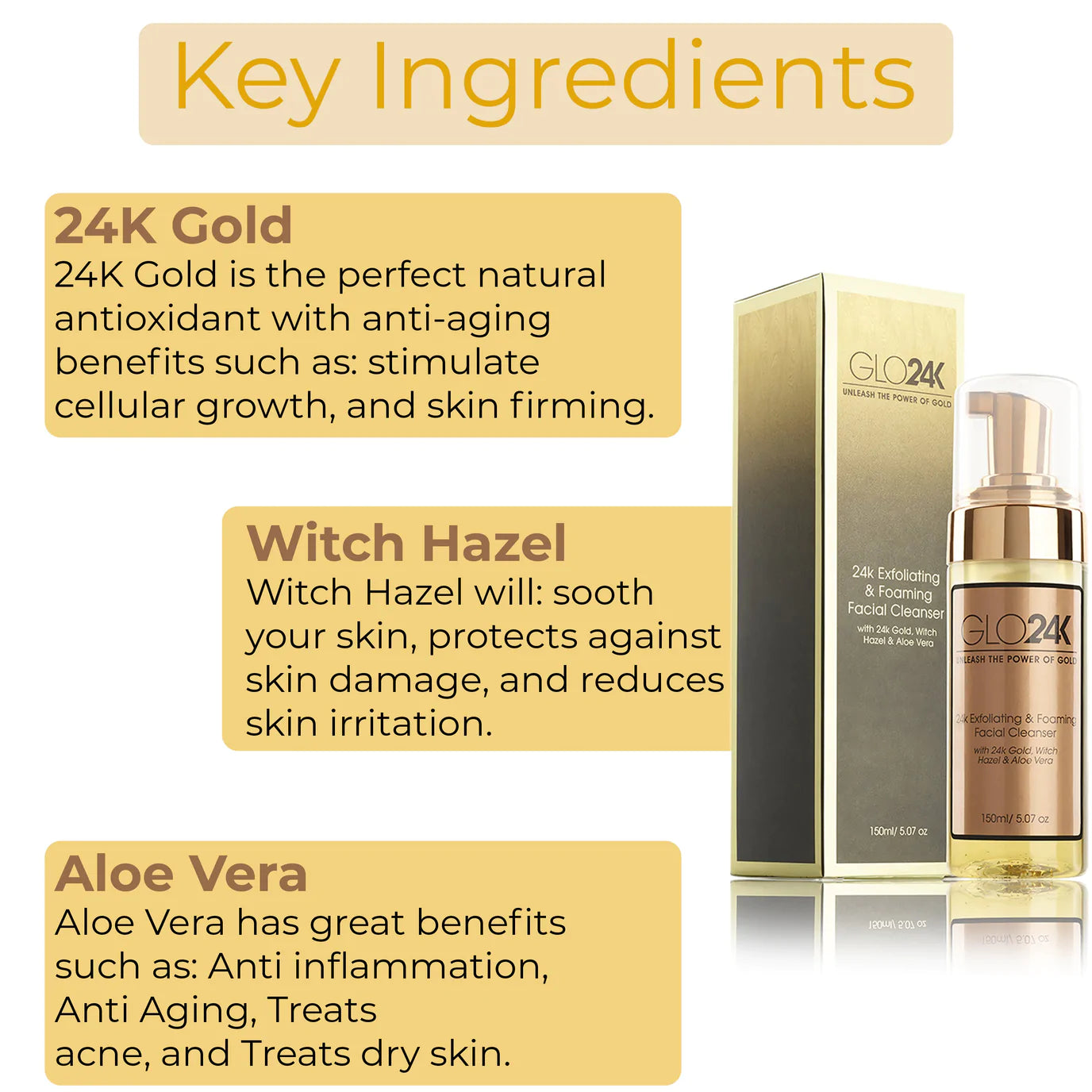 Key ingredients of GLO24K 24K Exfoliating & Foaming Facial Cleanser