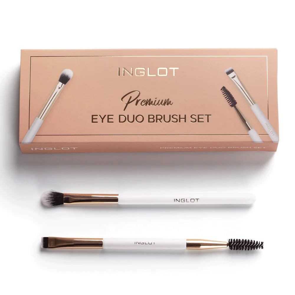 Inglot Premium Eye Duo Brush Set, packaging with brushes 