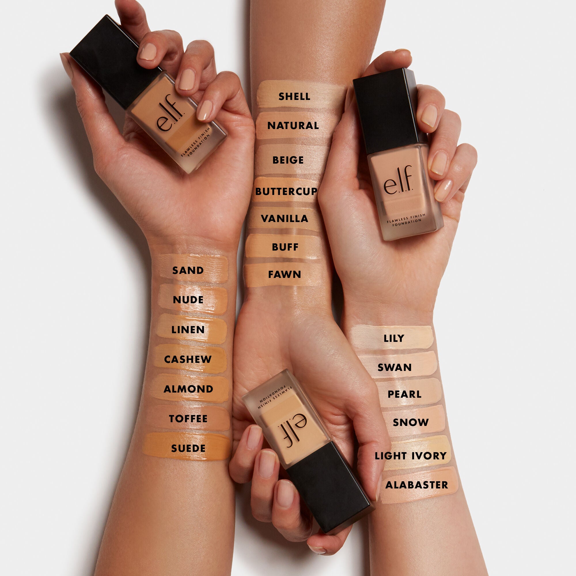 Swatches of elf Flawless Finish Foundation SPF15 on model&#39;s arms 