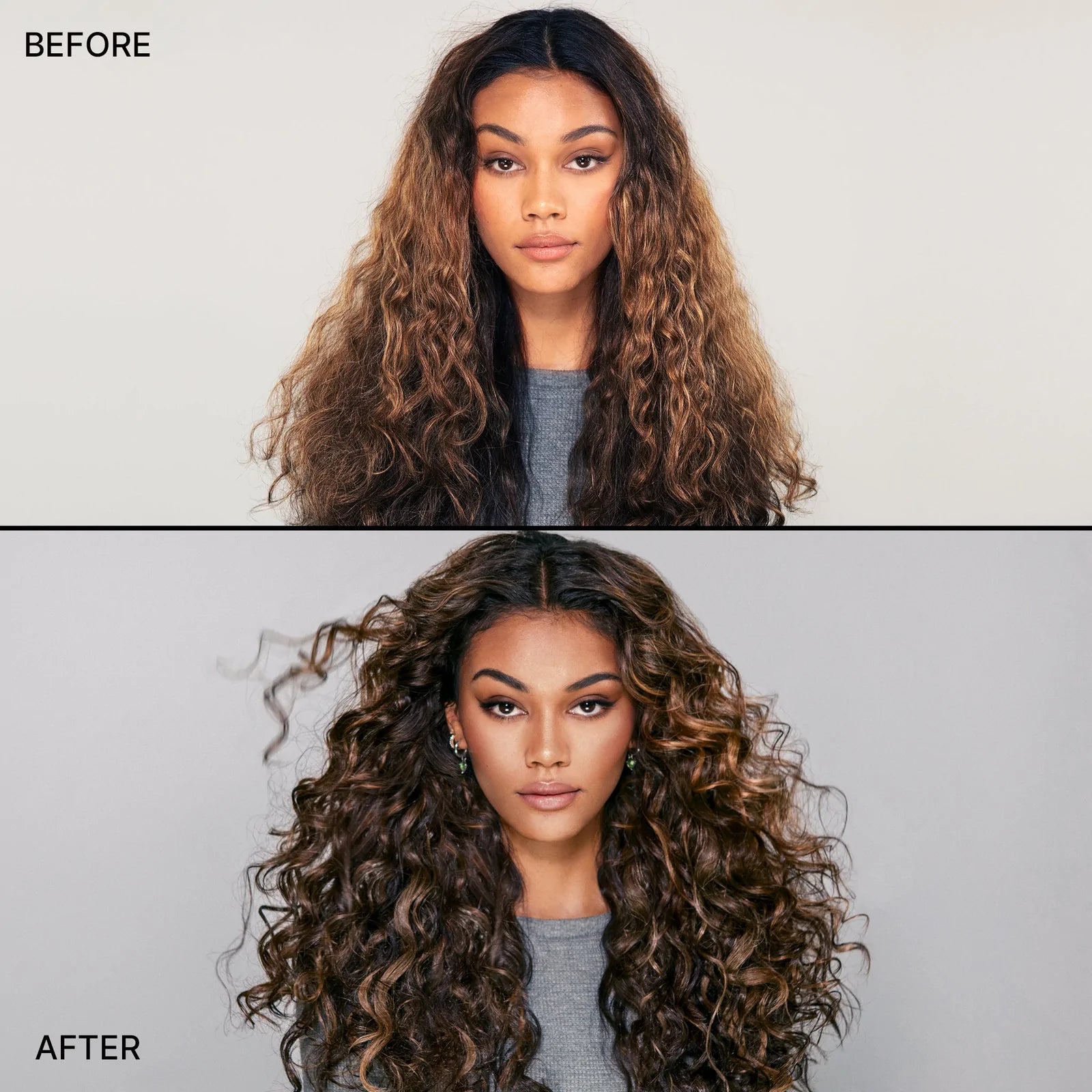 Curly model before and after using Color Wow Chris Appleton + Color Wow Money Masque