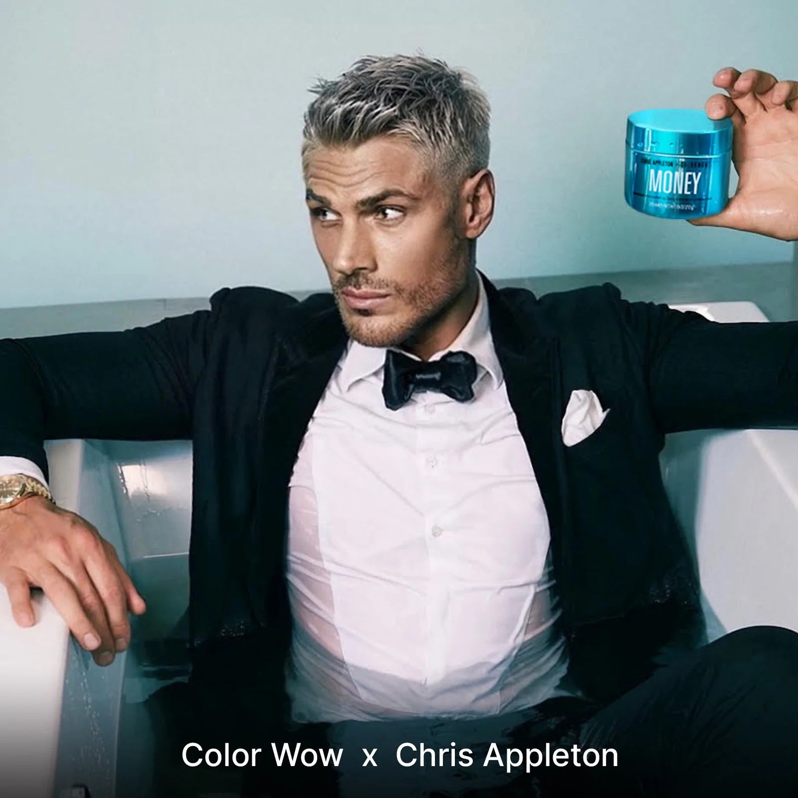 Chris Appleton holding Color Wow Chris Appleton + Color Wow Money Masque