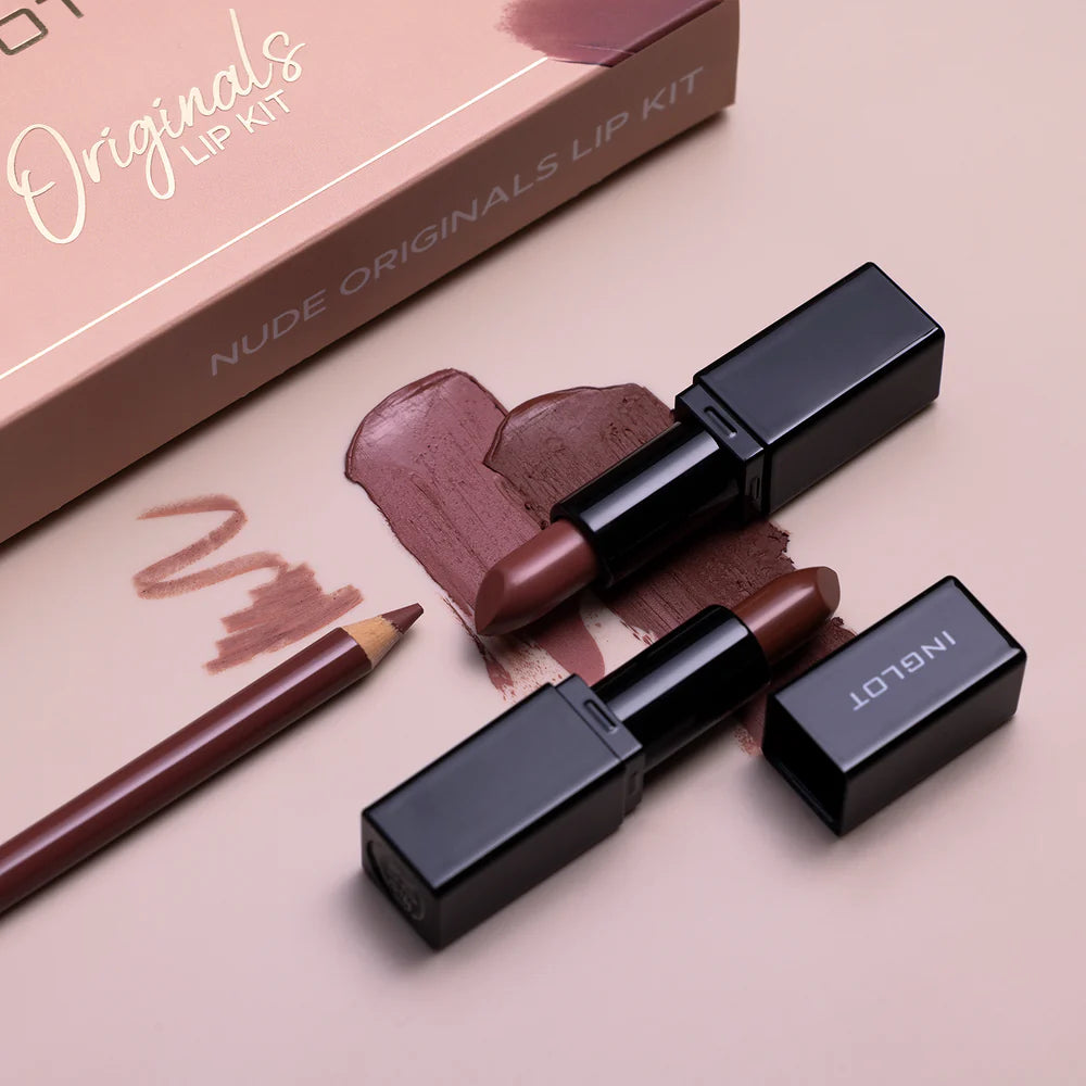 Inglot Originals Lip Kit, swatches with products and packaging