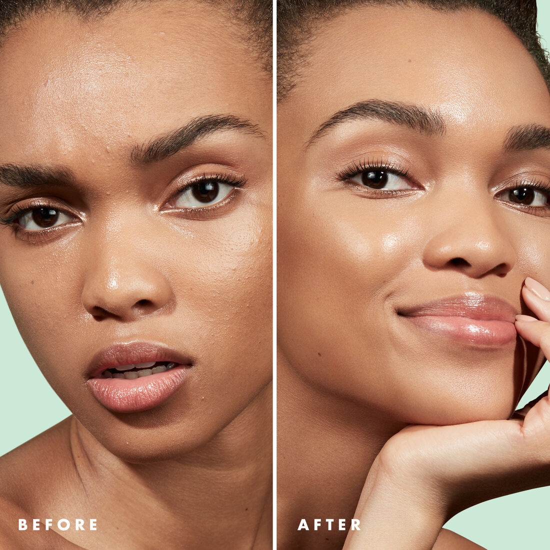Model&#39;s before and after using elf Blemish Control Face Primer