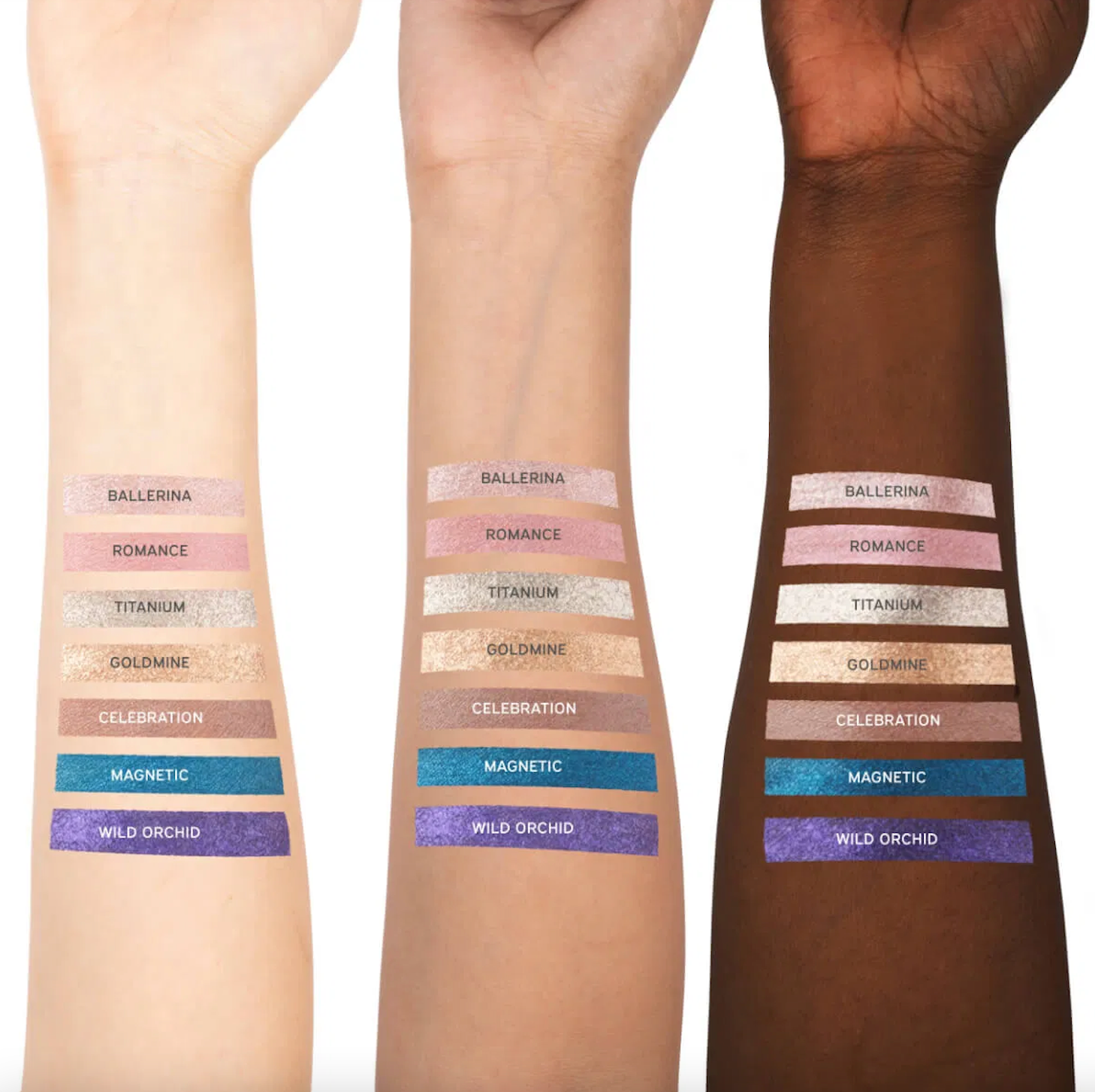 Swatches on three models' arms of DANESSA MYRICKS Colorfix Metallics