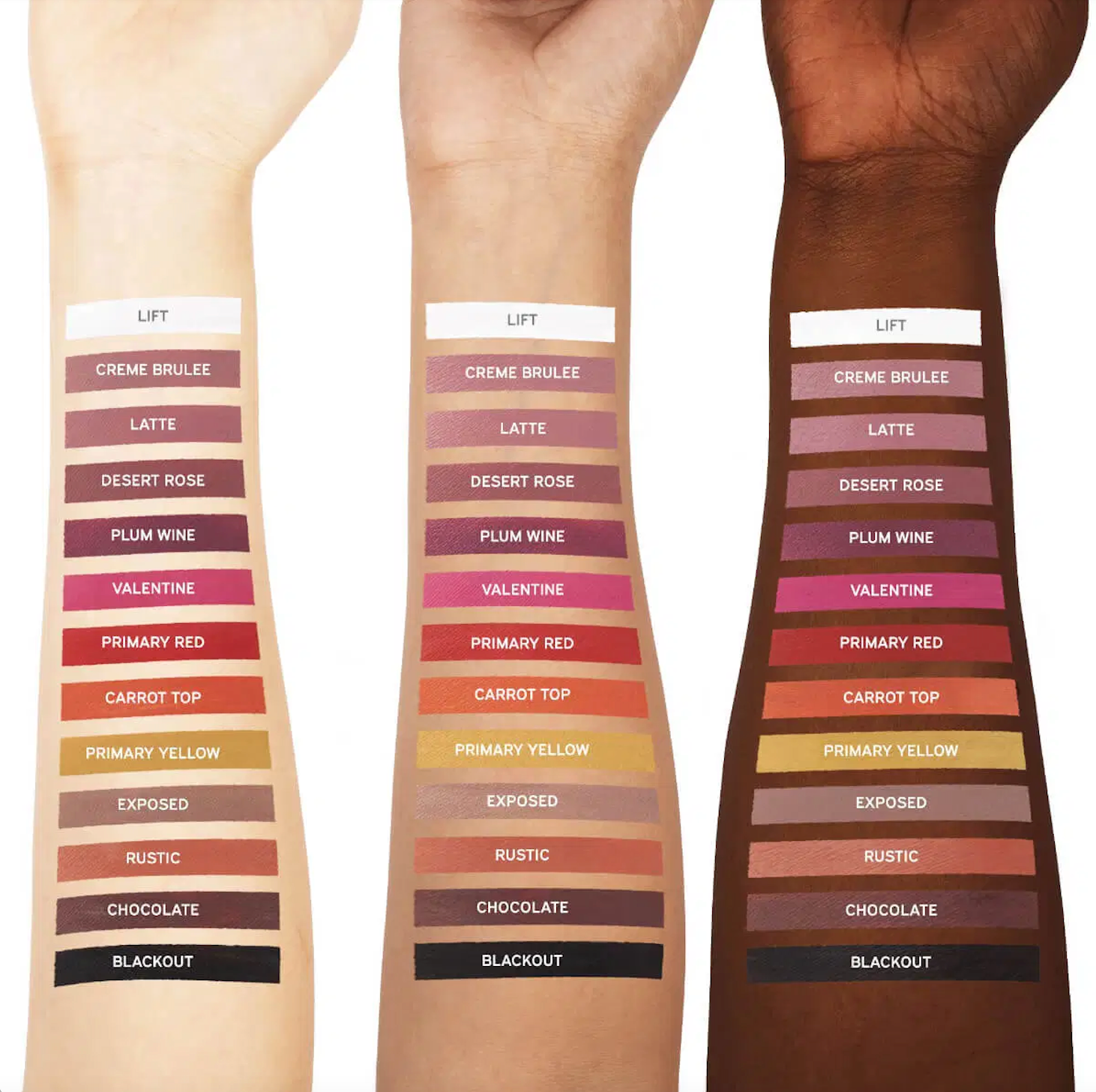 Swatches on three models' arms of DANESSA MYRICKS Colorfix 24-Hour Mattes
