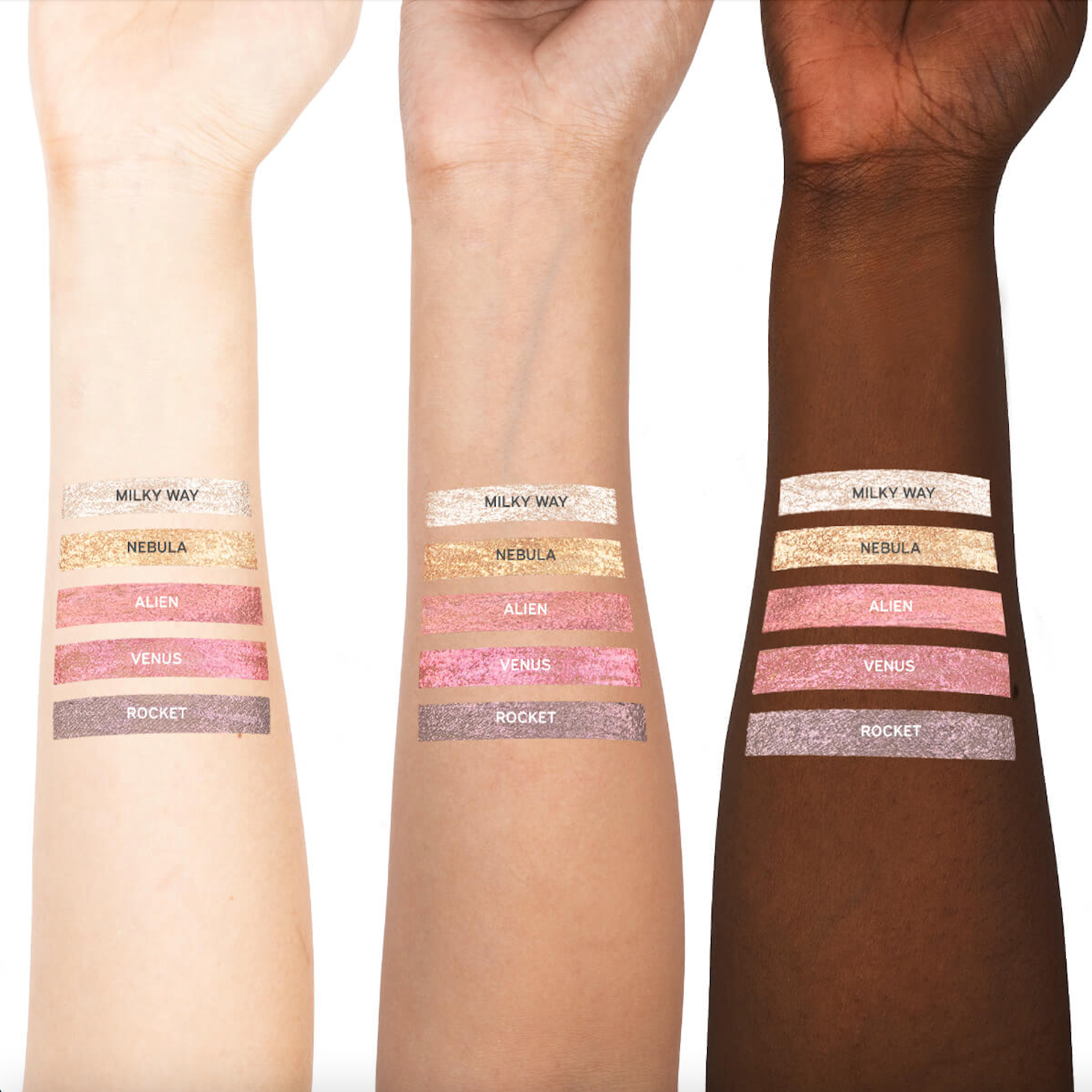 Swatches on three models' arms of  DANESSA MYRICKS Colorfix 24-Hour Foils