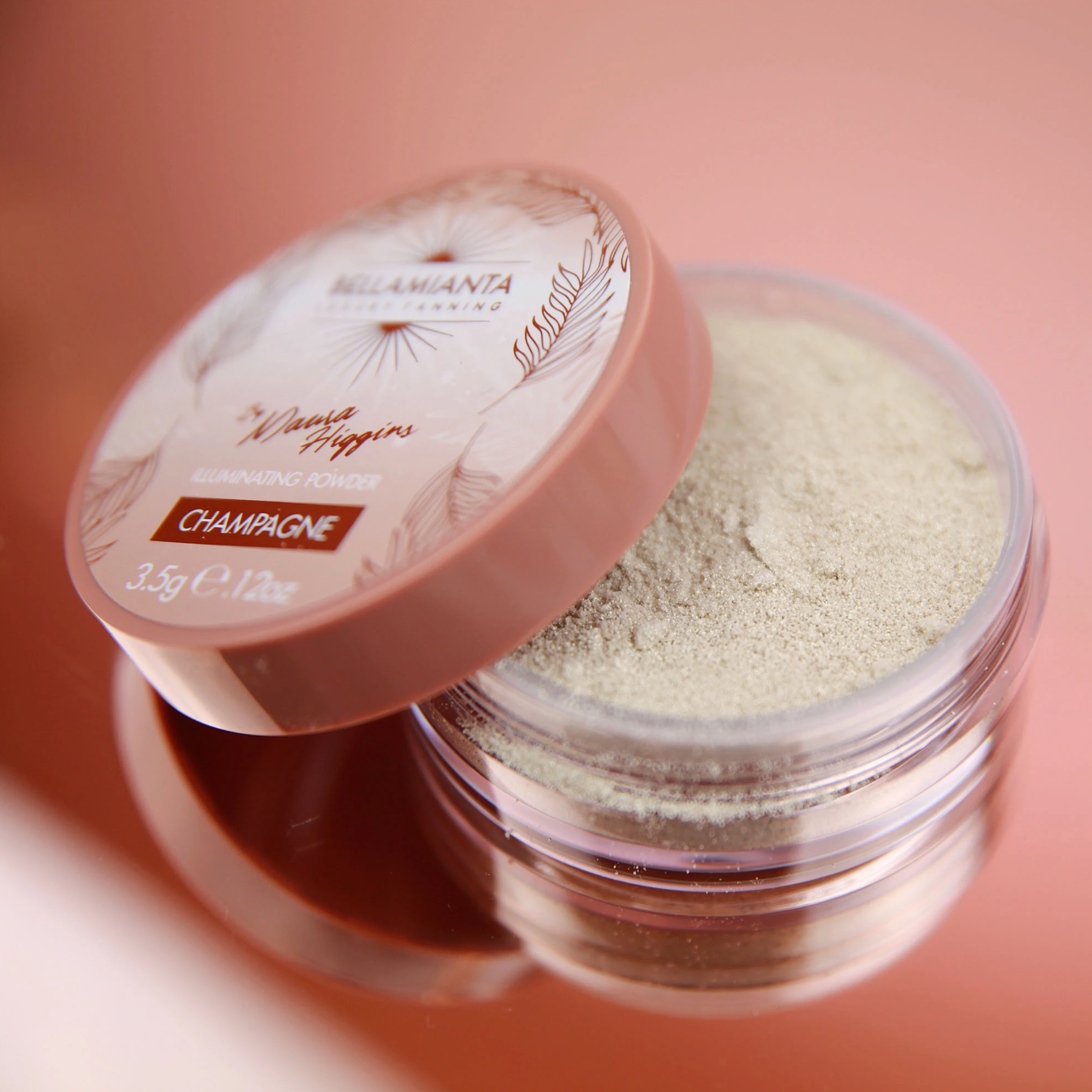 BELLAMIANTA Illuminating Powder by Maura Higgins Champagne, open &amp; close up