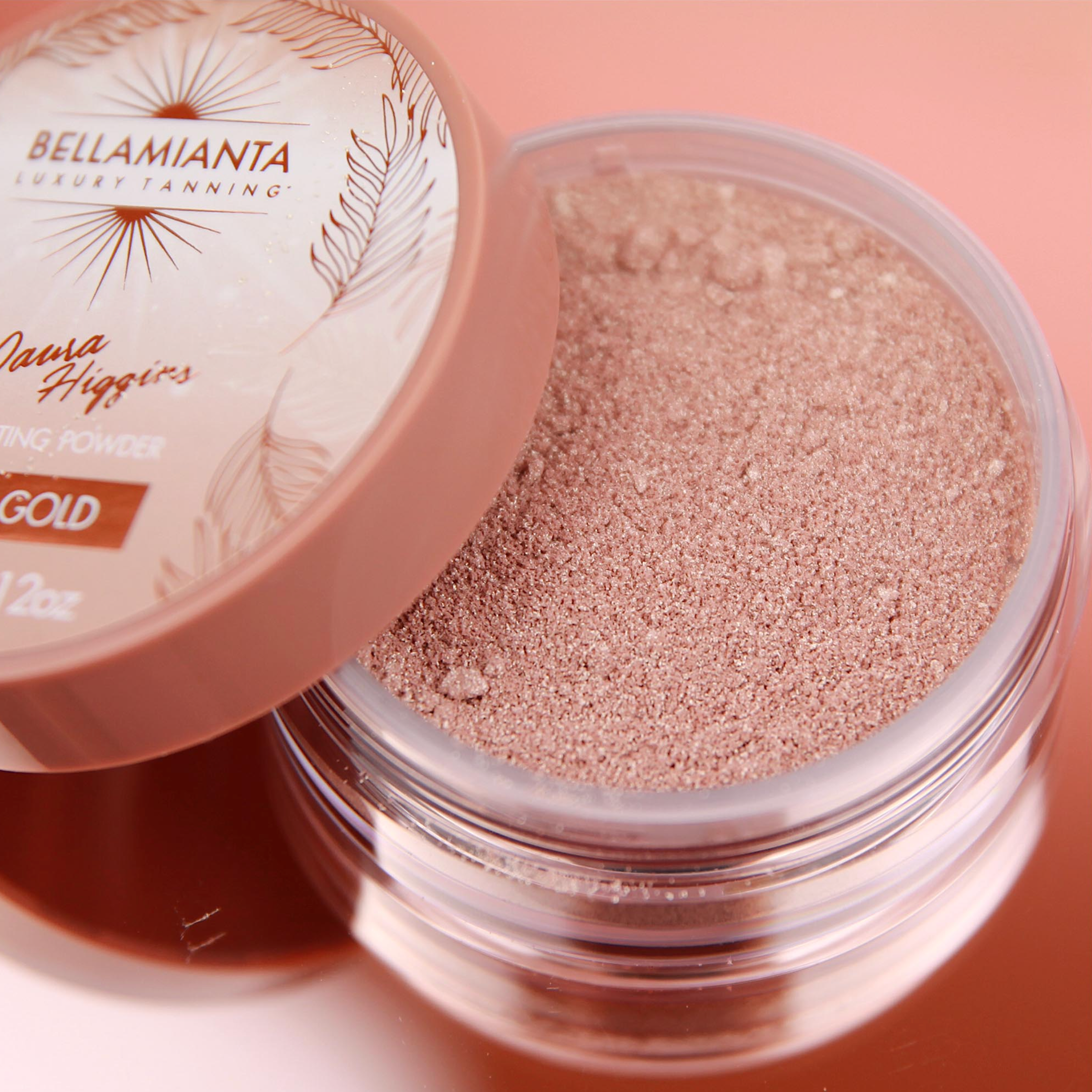 BELLAMIANTA Illuminating Powder by Maura Higgins Rose Gold, open and close up