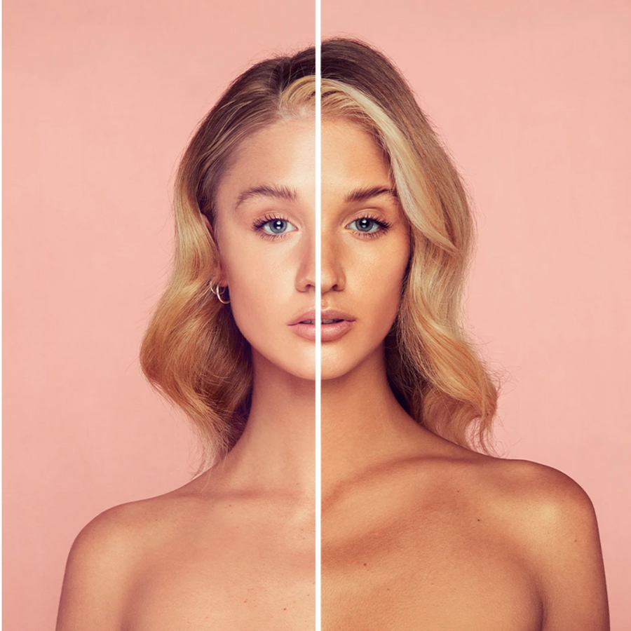 Model wearing BELLAMIANTA Tanning Water by Maura Higgins, before and after 