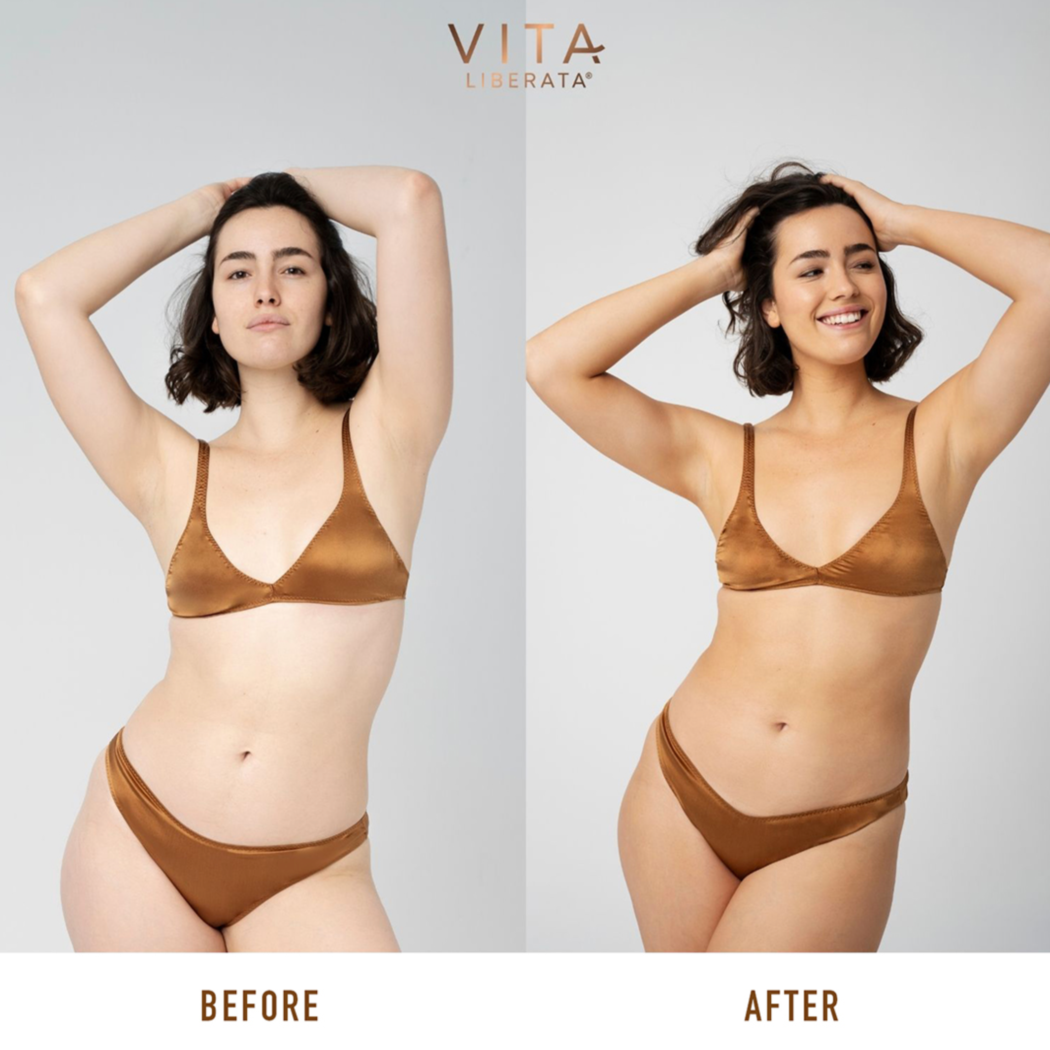 Brunette model, before and after Vita Liberata Tinted Heavenly Tanning Elixir - Medium