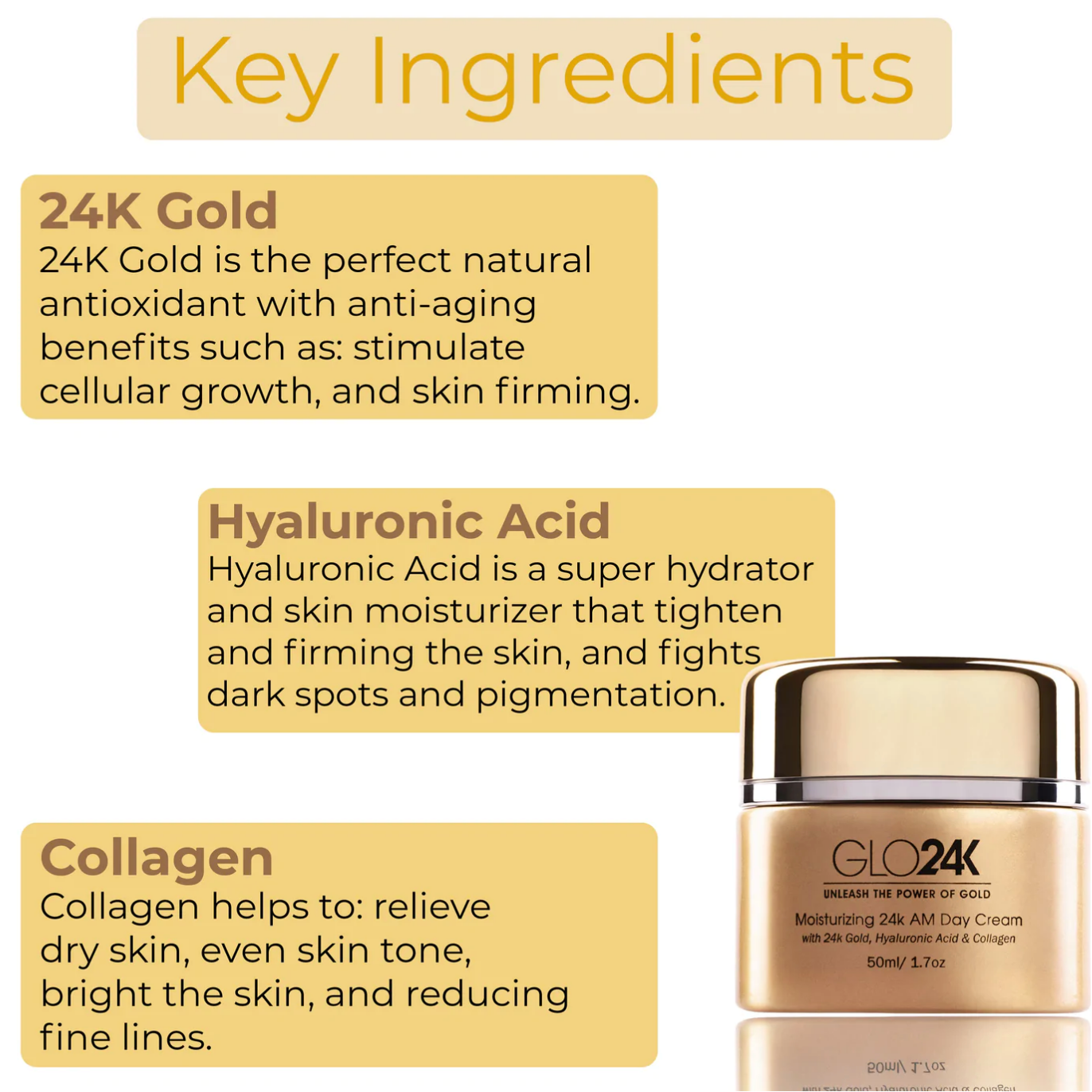 GLO24K Moisturising 24K AM Day Cream, key ingredients