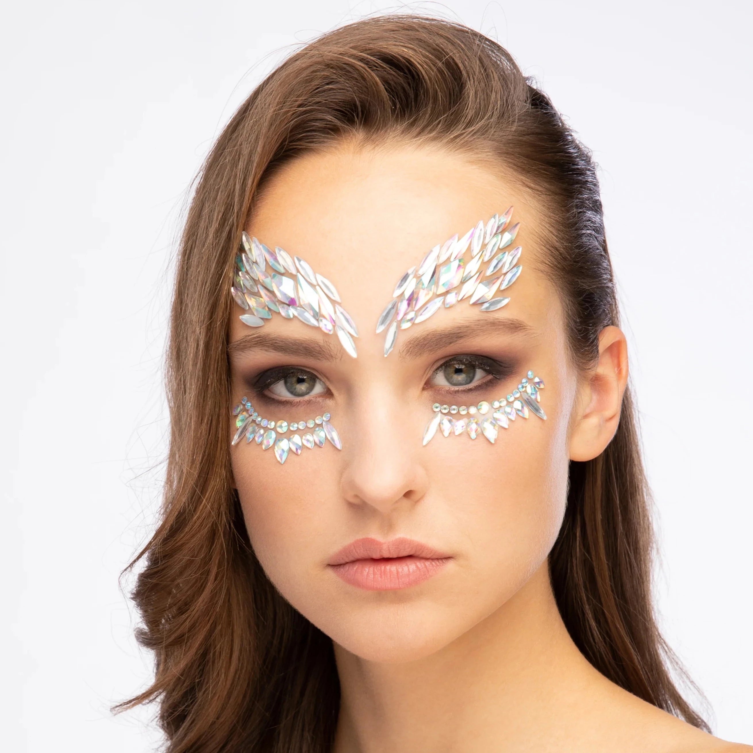Model wearing Moon Creations Glitter Face Jewels in Show Girl
