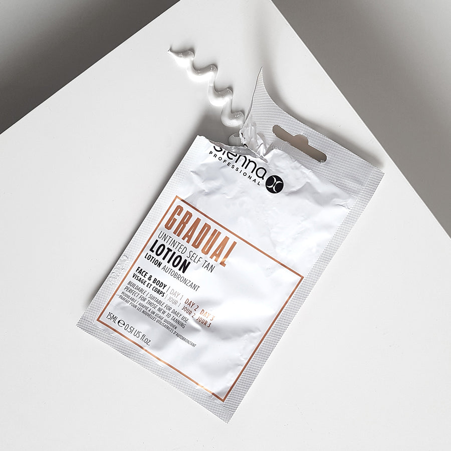 Sienna X Gradual Self Tan Lotion Sachet, open with swatch