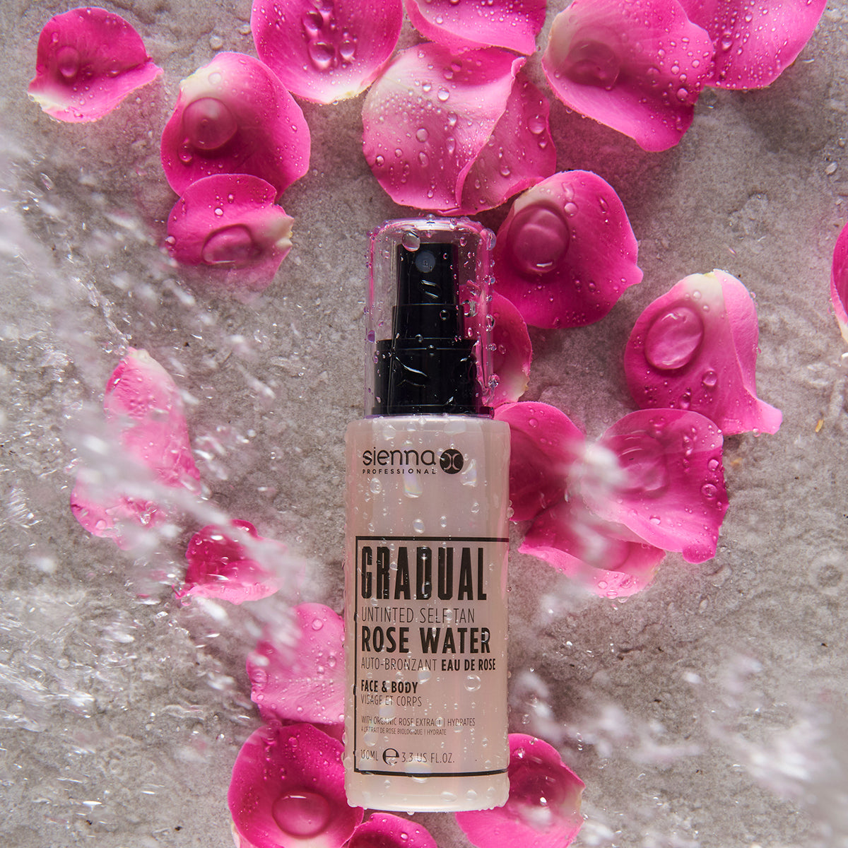 Sienna X Gradual Rose Water Self Tan Mist with rose petals